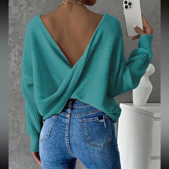 Cozy twist back ribbed knit sweater top